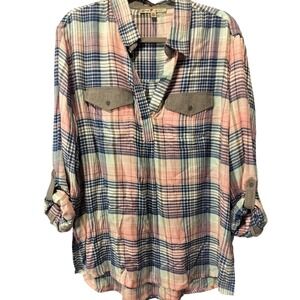 Seven7 Brand Plaid Button Down Shirt Womens XL Pink Blue Gray Roll Tab Sleeves